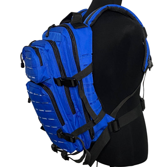 Blue tactical backpack on a mannequin against a plain background