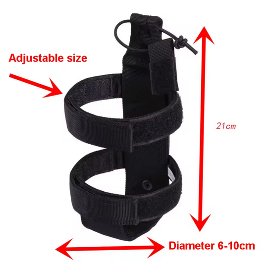 Black adjustable size water bottle holder with measurements on a white background