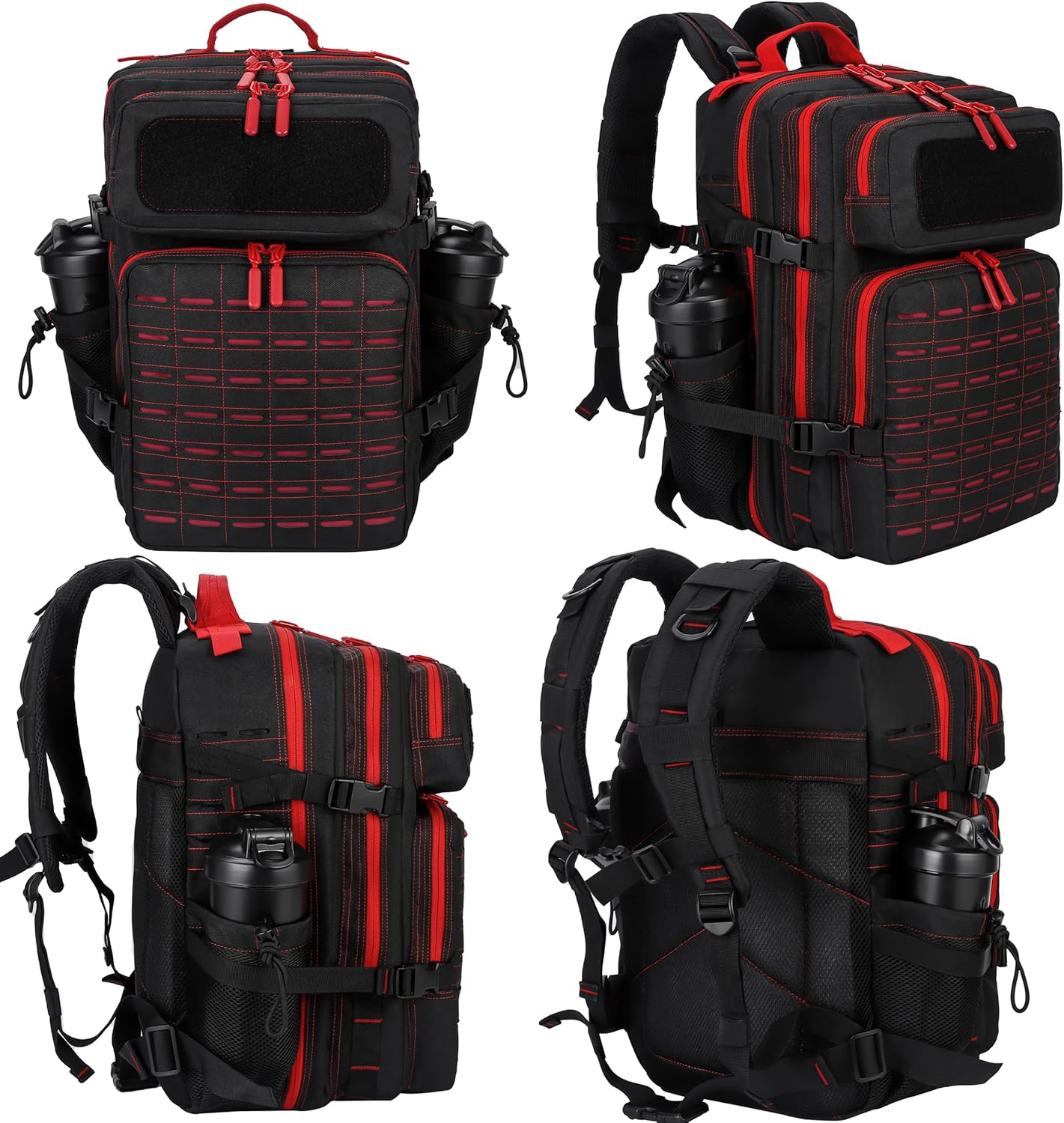 45L Tactical Backpack Molle Bag - Water-Resistant Heavy-Duty Nylon Large - Black and Red