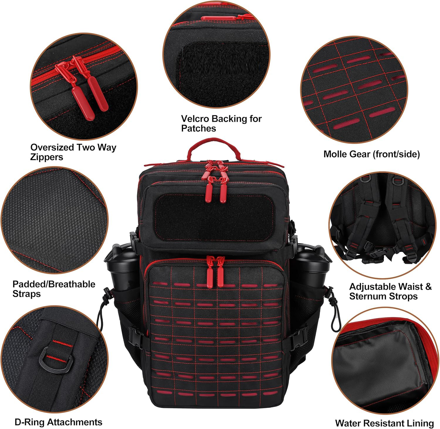 45L Tactical Backpack Molle Bag - Water-Resistant Heavy-Duty Nylon Large - Black and Red