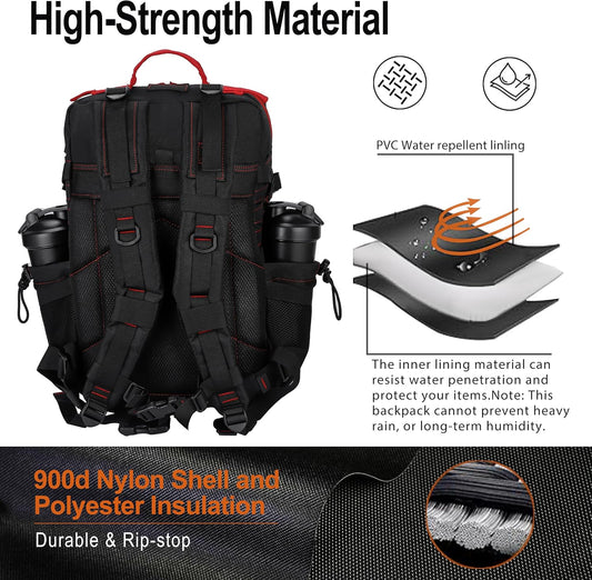 45L Tactical Backpack Molle Bag - Water-Resistant Heavy-Duty Nylon Large - Black and Red