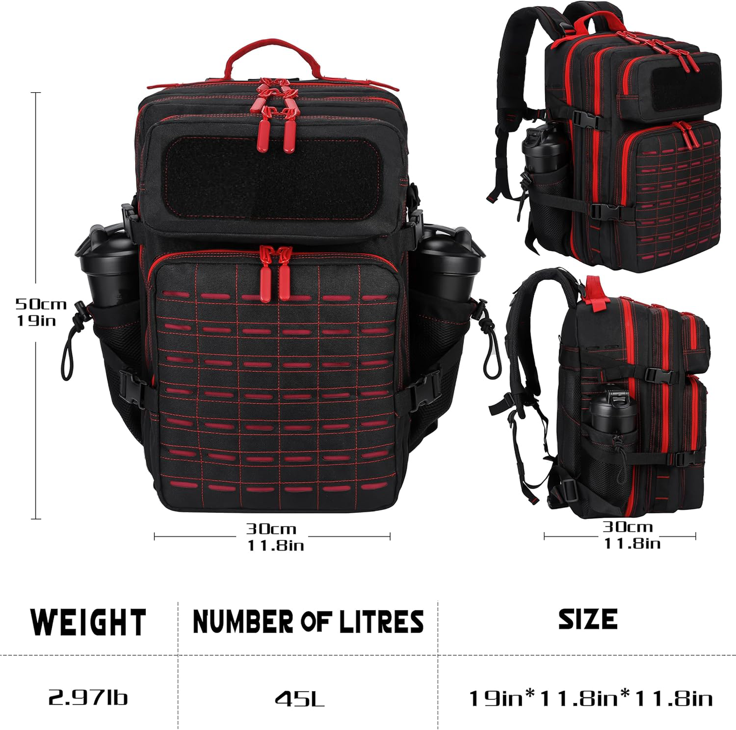 45L Tactical Backpack Molle Bag - Water-Resistant Heavy-Duty Nylon Large - Black and Red