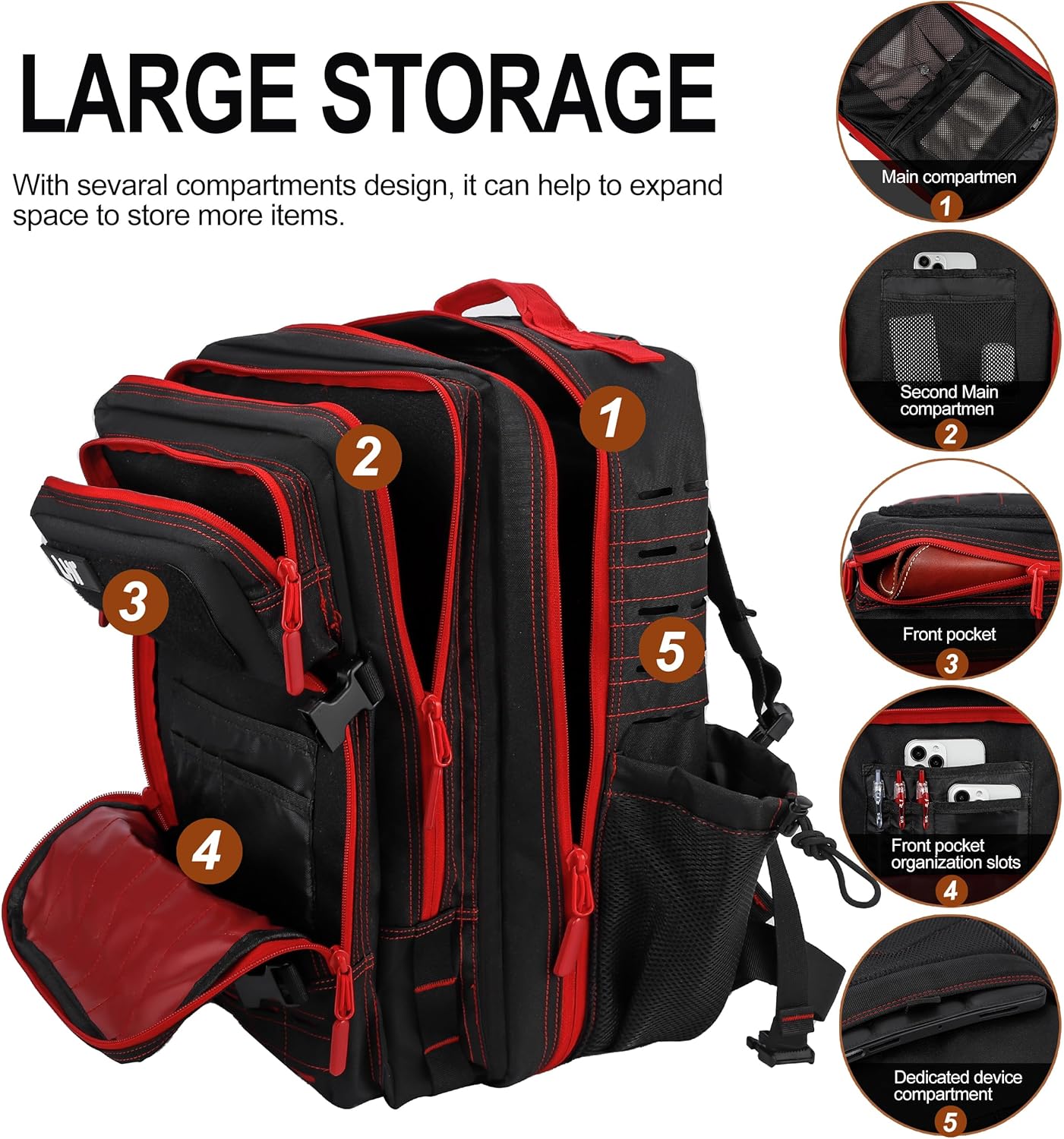 45L Tactical Backpack Molle Bag - Water-Resistant Heavy-Duty Nylon Large - Black and Red