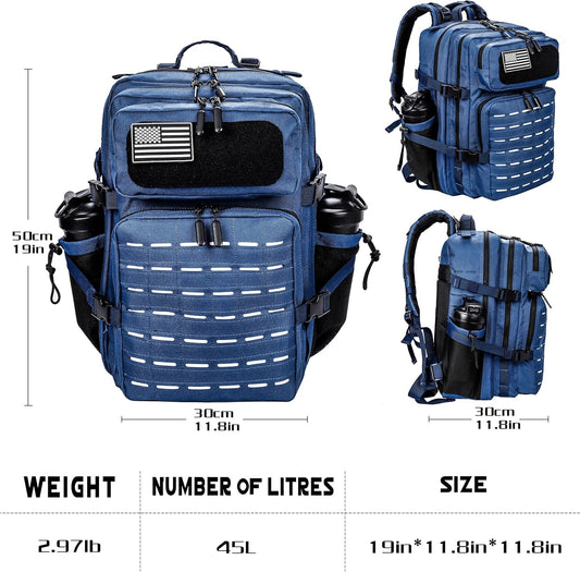 45L Tactical Backpack Molle Bag - Water-Resistant Heavy-Duty Nylon Large - Blue