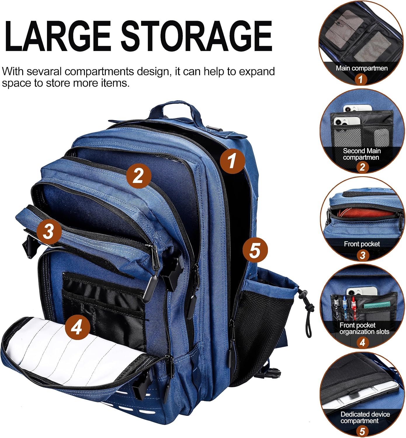 45L Tactical Backpack Molle Bag - Water-Resistant Heavy-Duty Nylon Large - Blue