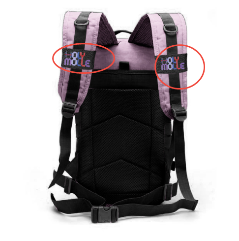 Pink backpack with digital display on straps, shown from front and back views.