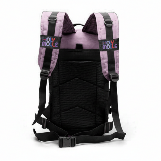 Pink backpack with digital display on straps, shown from front and back views.