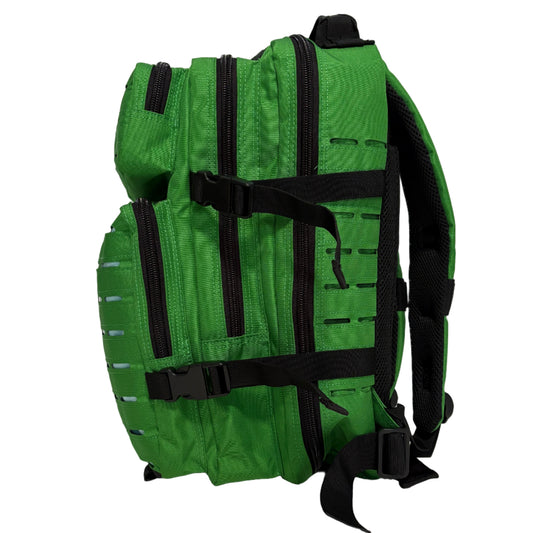 Green backpack with black straps on a white background