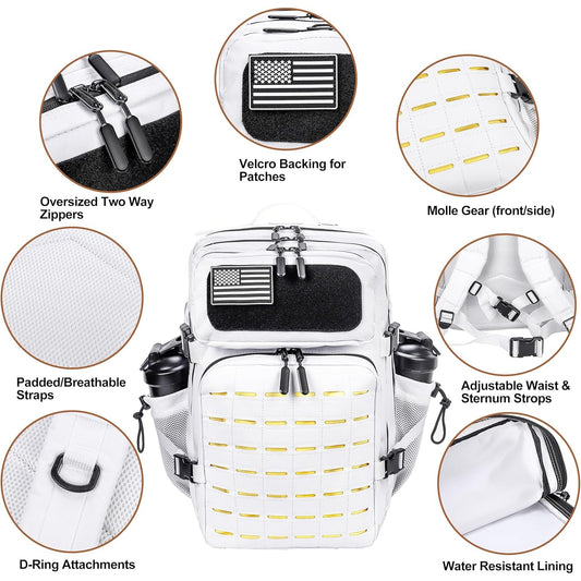 45L Tactical Backpack Molle Bag - Water-Resistant Heavy-Duty Nylon - White with Yellow