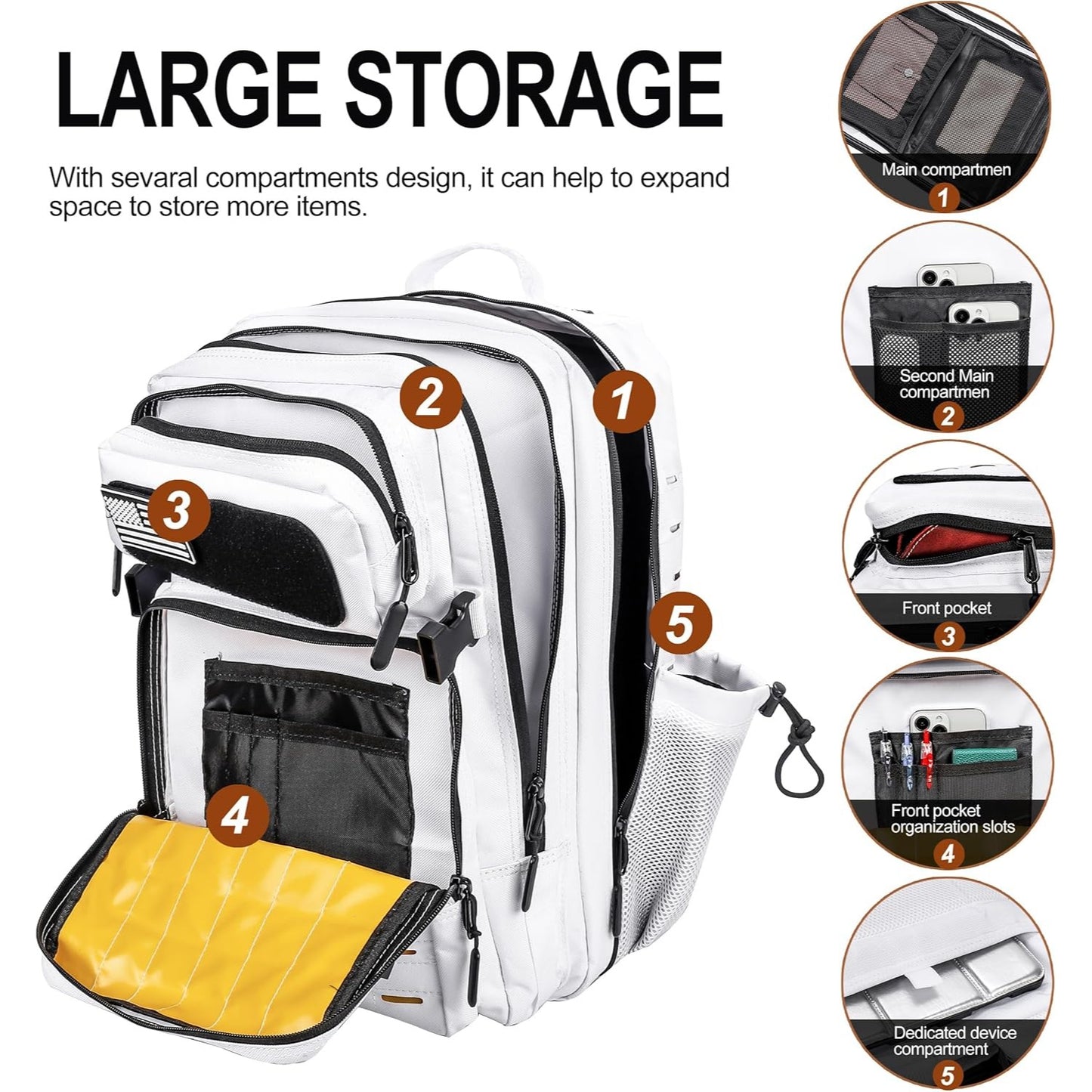 45L Tactical Backpack Molle Bag - Water-Resistant Heavy-Duty Nylon - White with Yellow