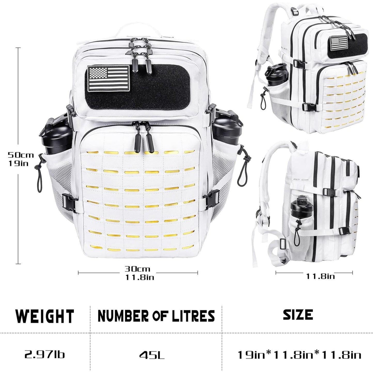 45L Tactical Backpack Molle Bag - Water-Resistant Heavy-Duty Nylon - White with Yellow