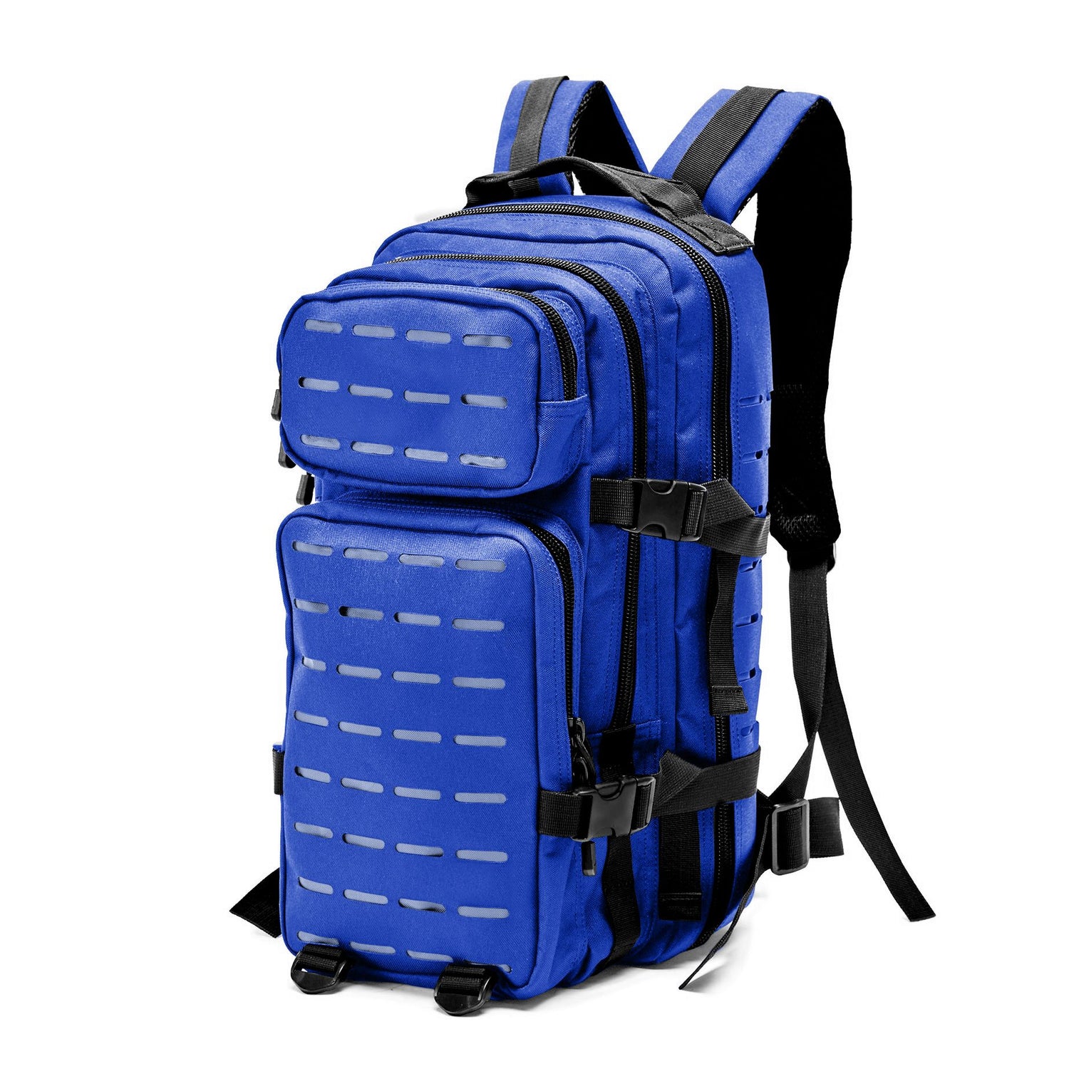Blue tactical backpack with black straps on a white background