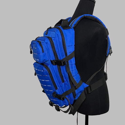 Blue tactical backpack on a mannequin against a plain background