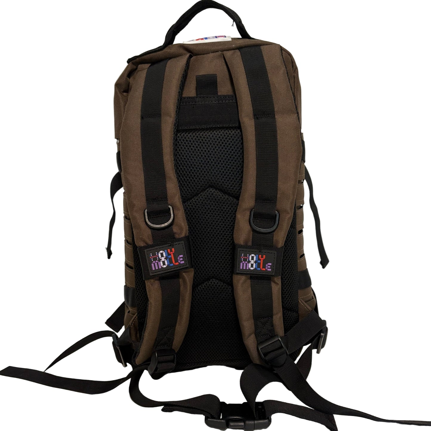 Brown backpack with black straps on a white background