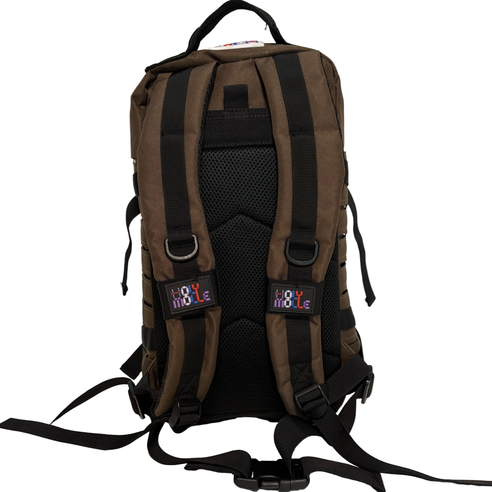 Brown backpack with black straps on a white background