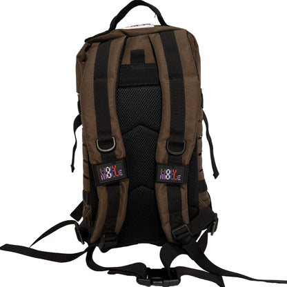Brown backpack with black straps on a white background