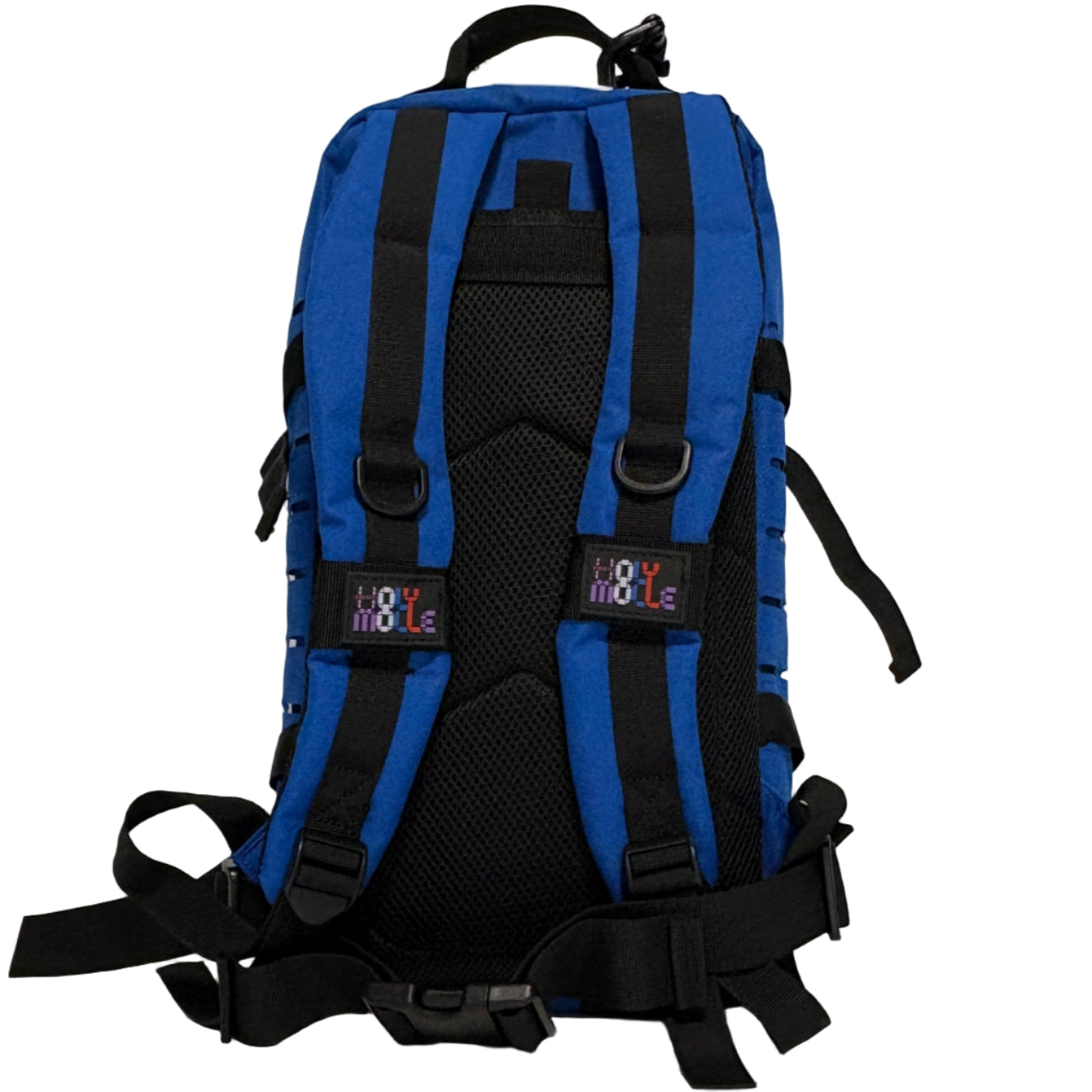 Blue and black backpack on a white surface with a gray background
