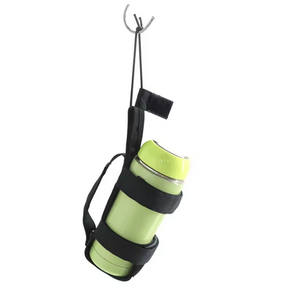 Black strap water bottle holder holding a green water bottle and hook on a white background
