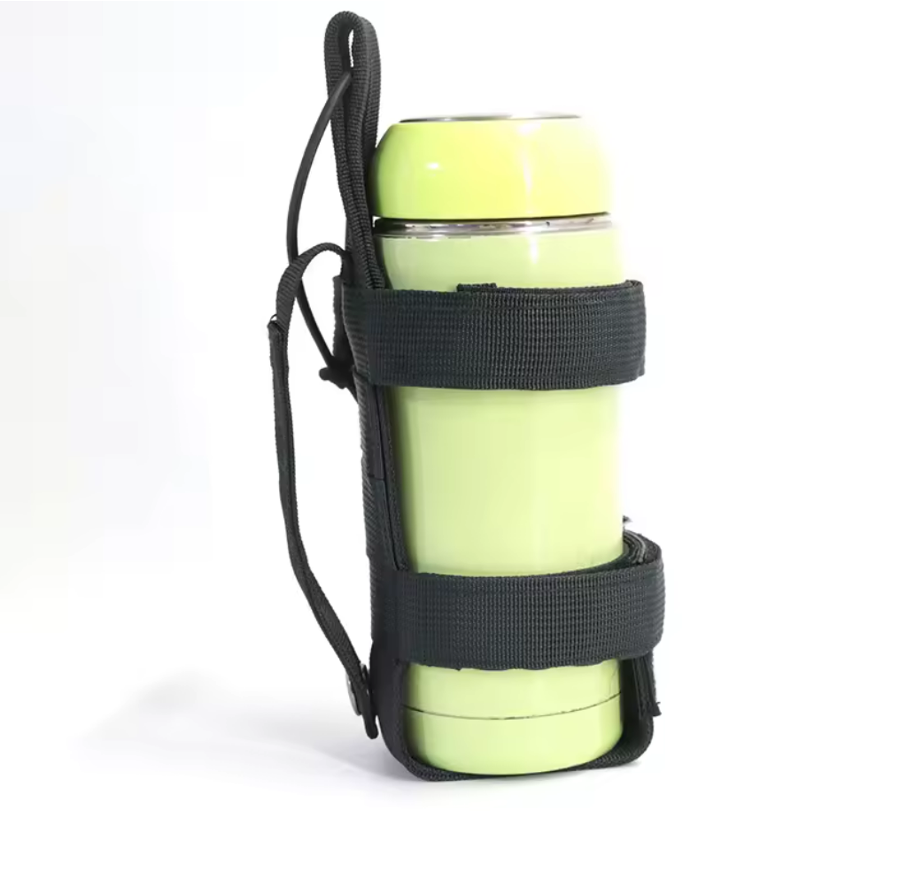 Green water bottle with black strap on a white background