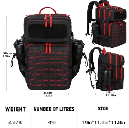 45L Tactical Backpack Molle Bag - Water-Resistant Heavy-Duty Nylon Large - Black and Red