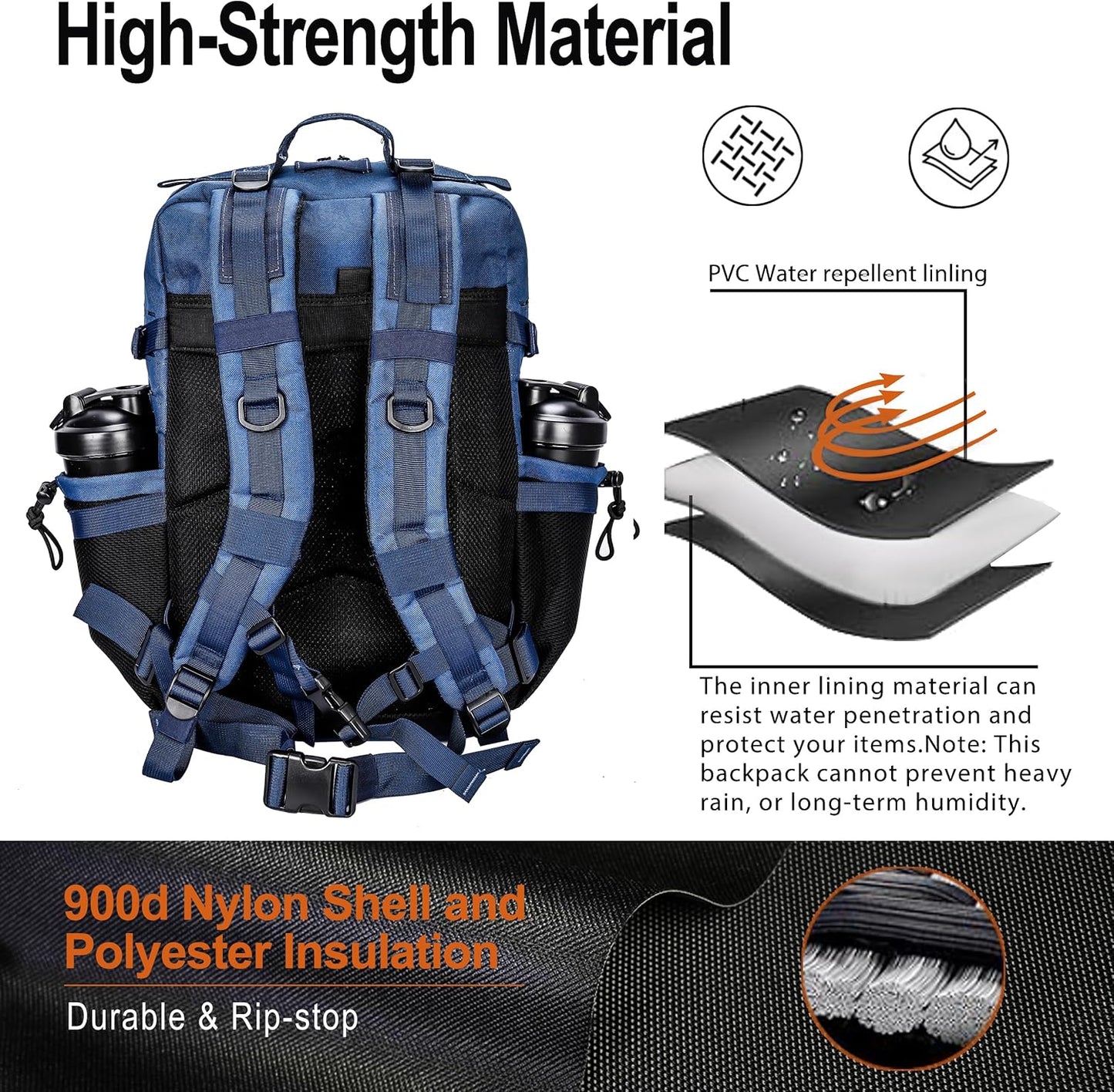 45L Tactical Backpack Molle Bag - Water-Resistant Heavy-Duty Nylon Large - Blue