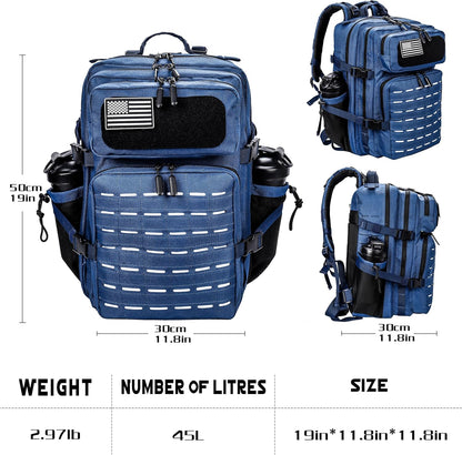 45L Tactical Backpack Molle Bag - Water-Resistant Heavy-Duty Nylon Large - Blue