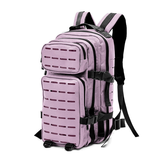 Pink backpack with black straps on a white background