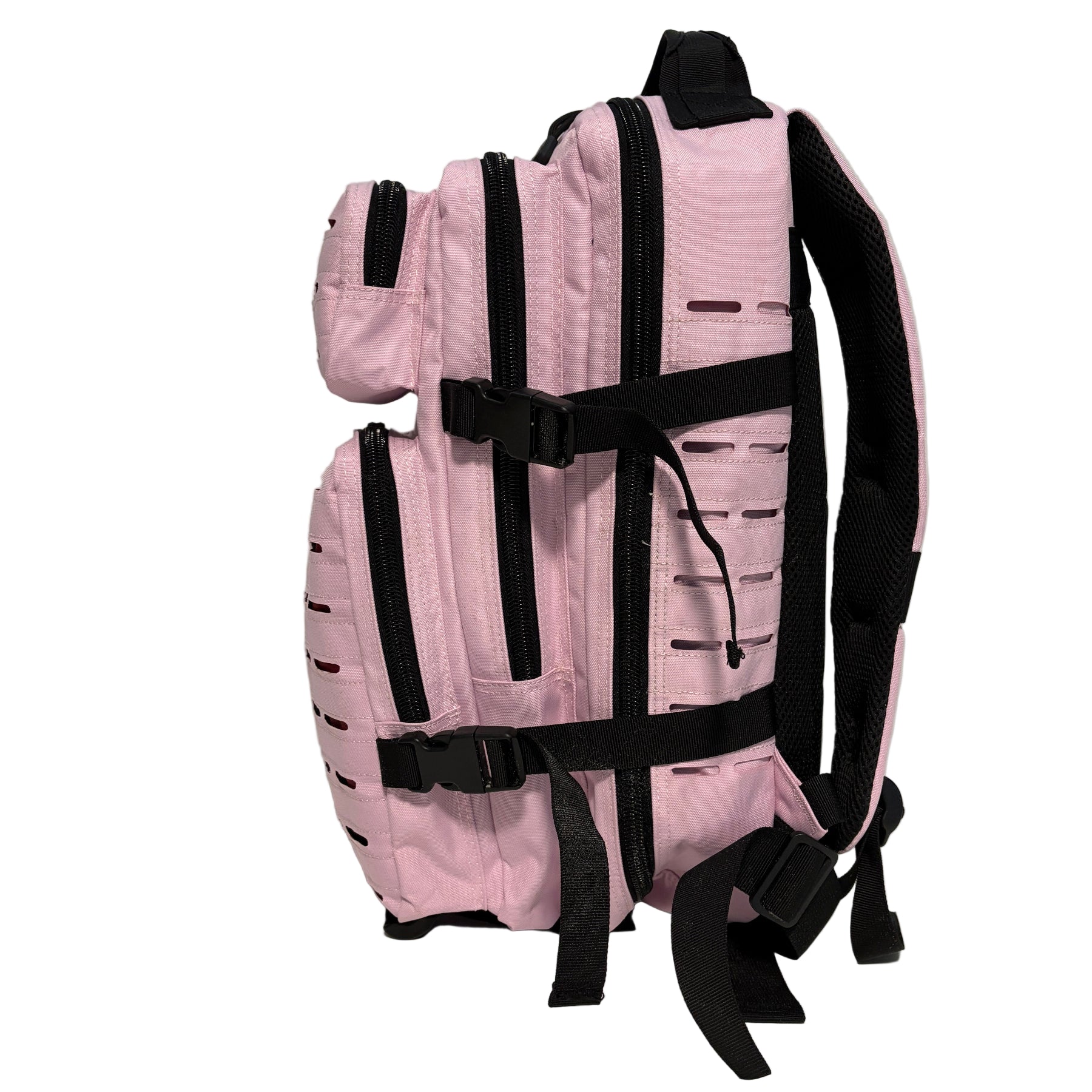 Pink backpack with black straps on a white surface and light gray background