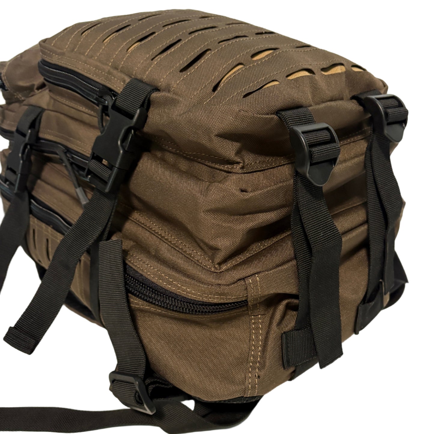 Brown tactical backpack with black straps on a light background