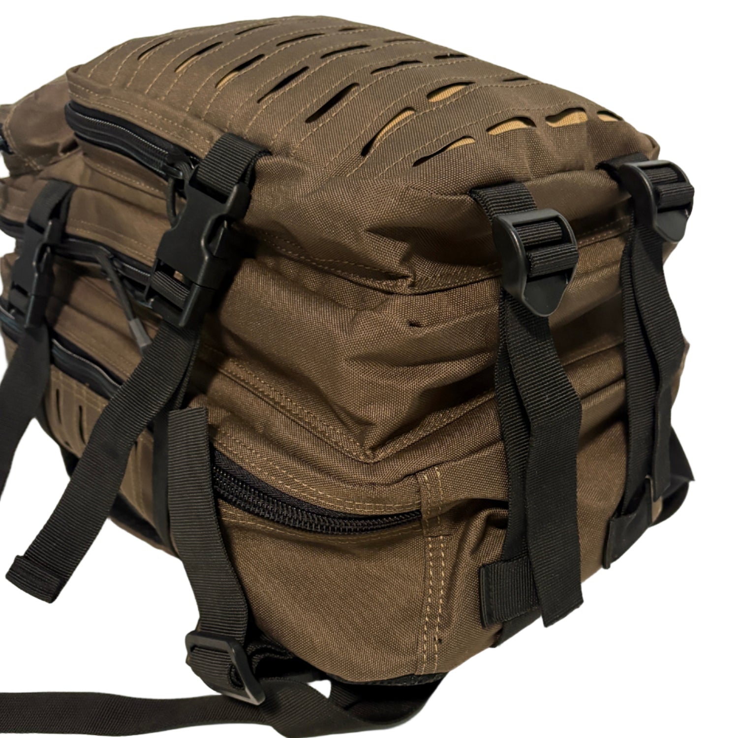 Brown tactical backpack with black straps on a light background