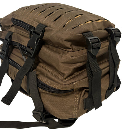 Brown tactical backpack with black straps on a light background