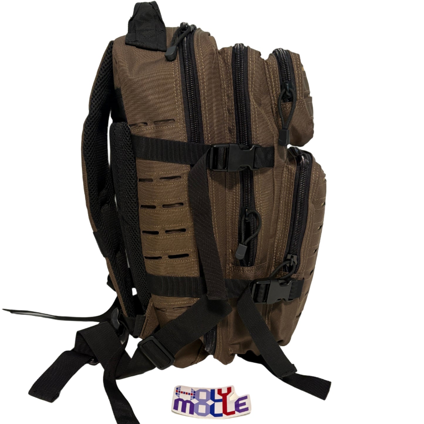 Brown tactical backpack with black straps on a white surface, featuring a 'Holy Molle' logo.