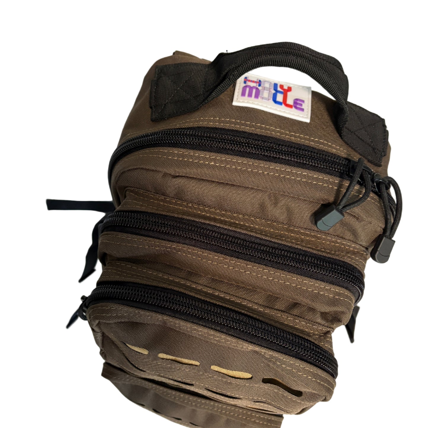 Brown tactical pouch with multiple zippers and a visible brand label on a white background
