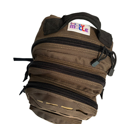 Brown tactical pouch with multiple zippers and a visible brand label on a white background