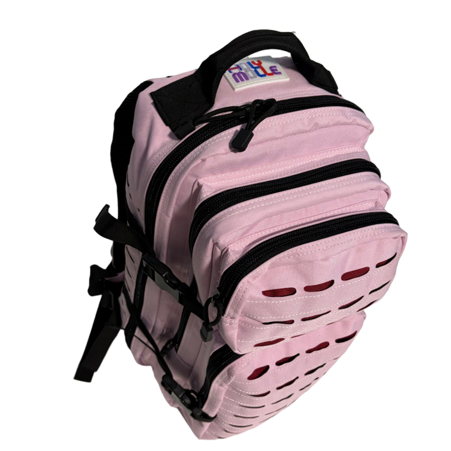 Pink backpack with black straps on a white surface