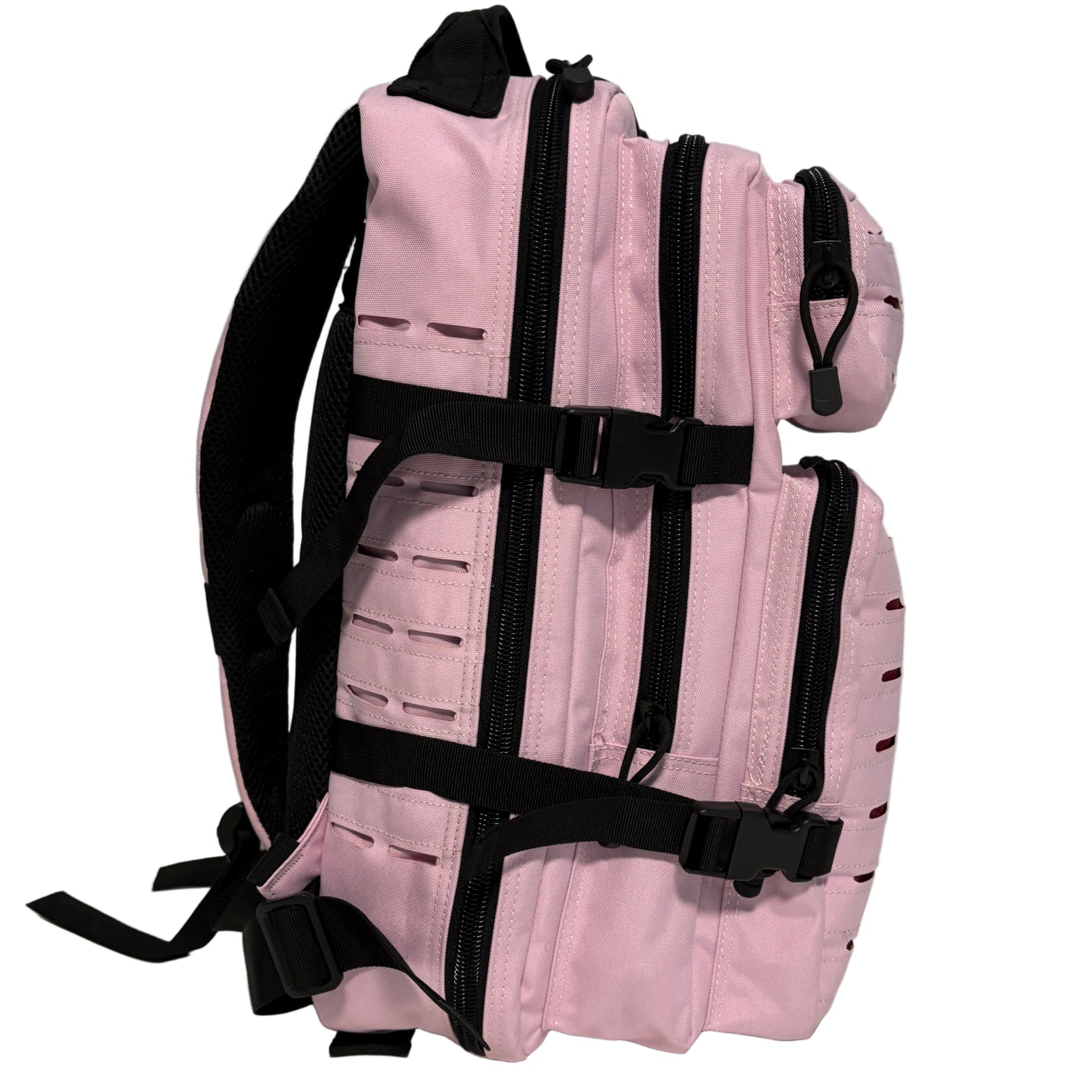 Pink backpack with black straps on a white surface