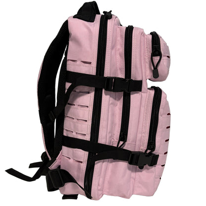 Pink backpack with black straps on a white surface