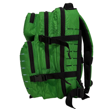Green backpack with black straps on a white background