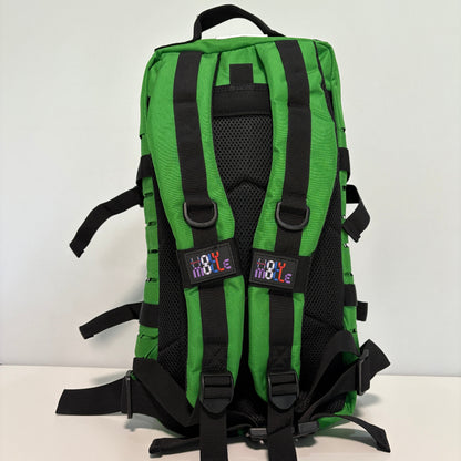 Green backpack with black straps on a white background
