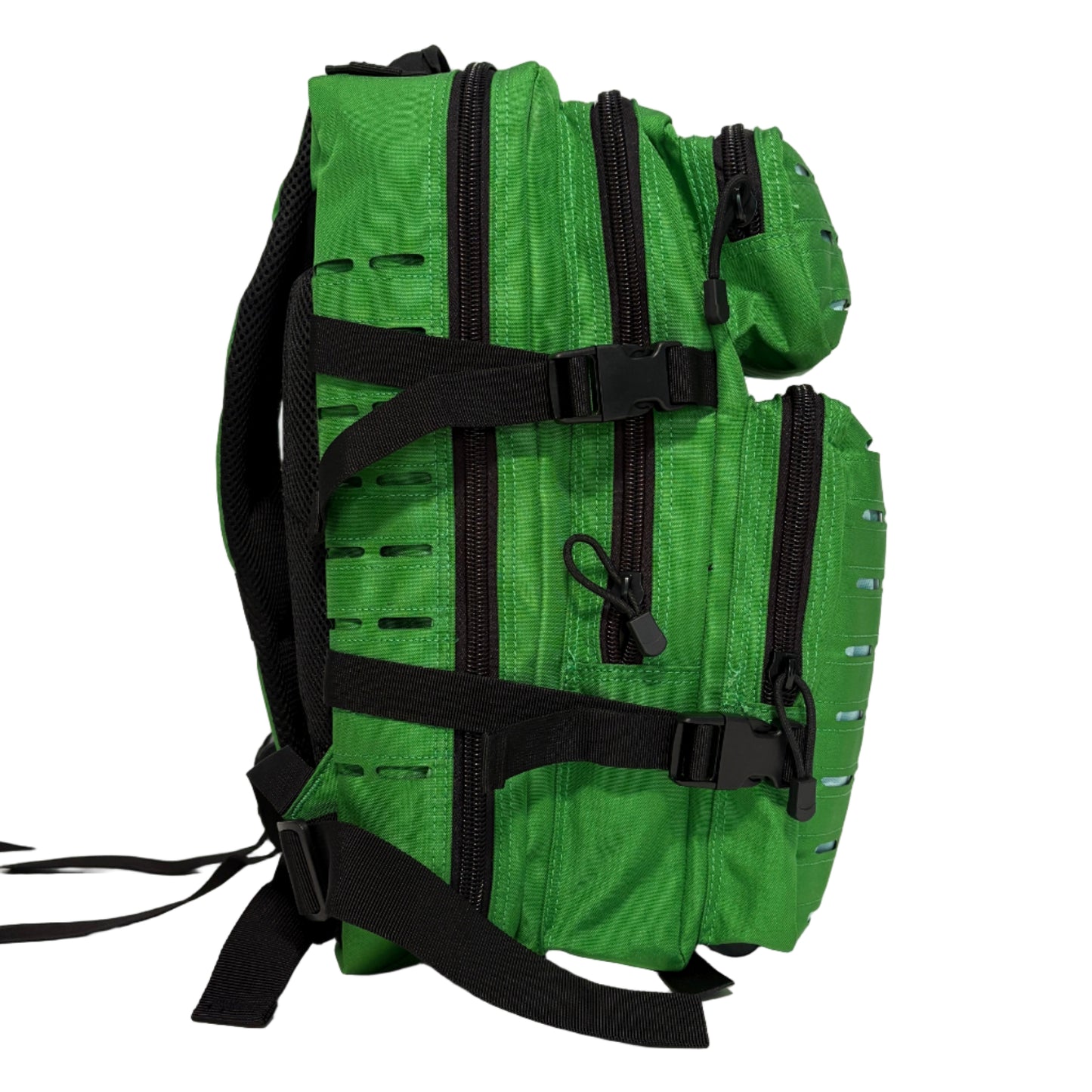 Green backpack with black straps and zippers on a white background