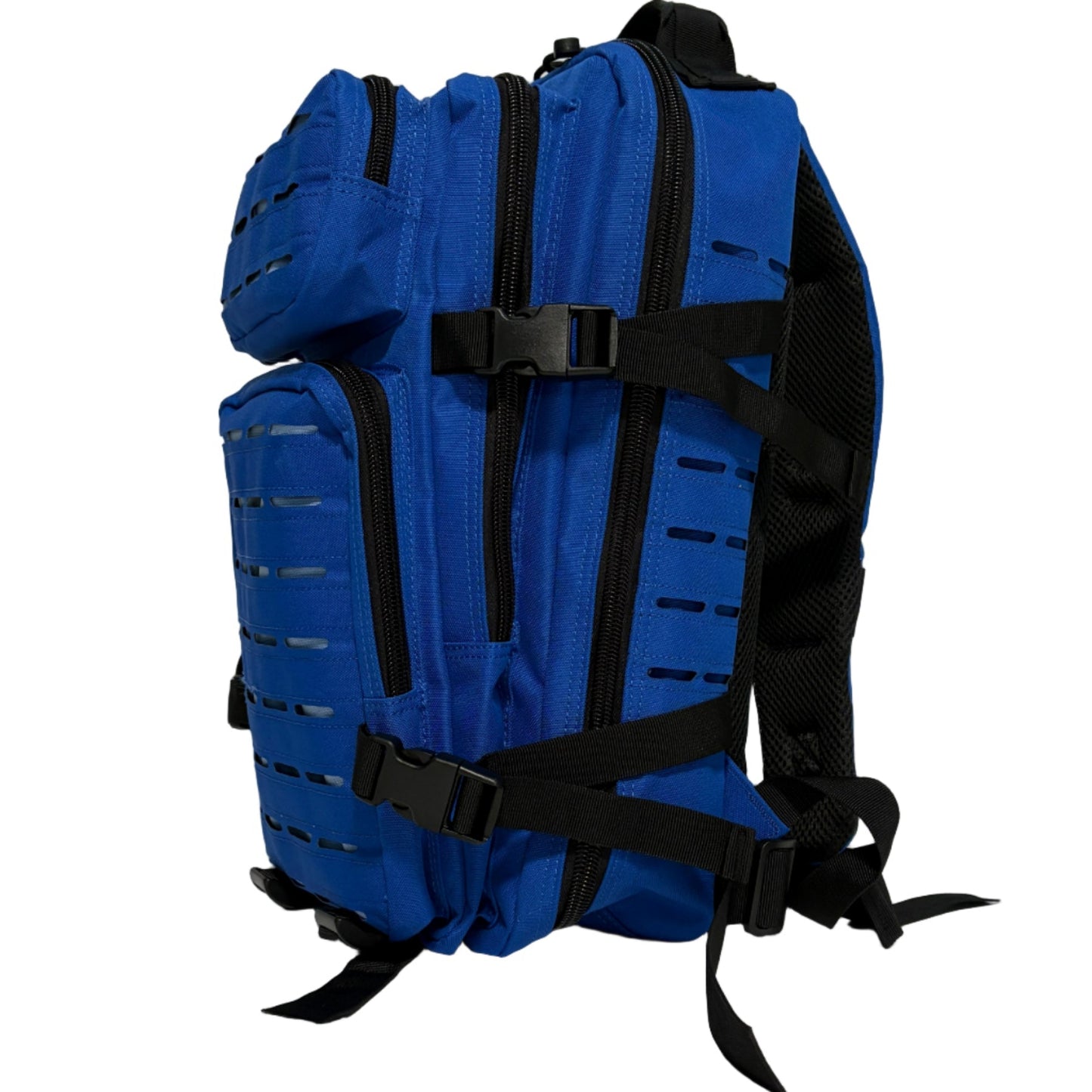 Blue backpack with black straps on a white surface and light gray background