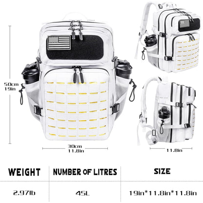 45L Tactical Backpack Molle Bag - Water-Resistant Heavy-Duty Nylon - White with Yellow
