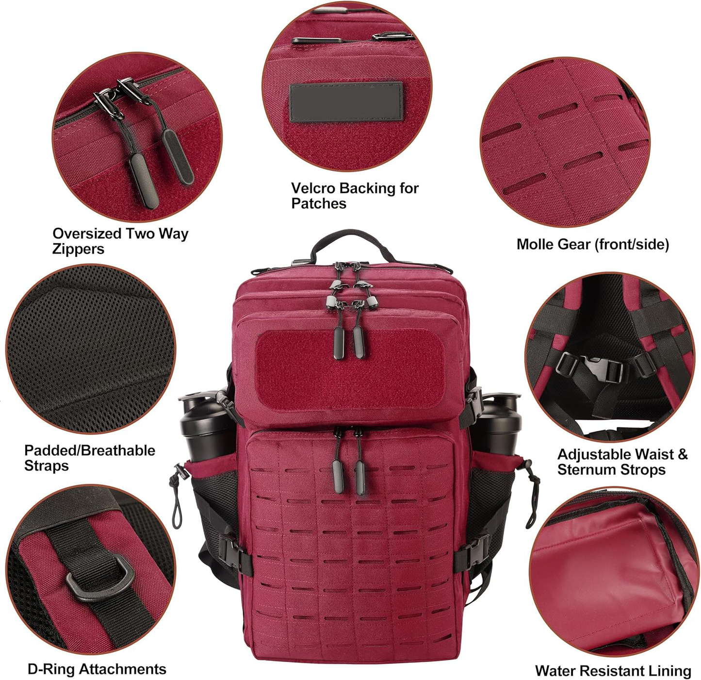 45L Tactical Backpack Molle Bag - Water-Resistant Heavy-Duty Nylon Large - Maroon Red