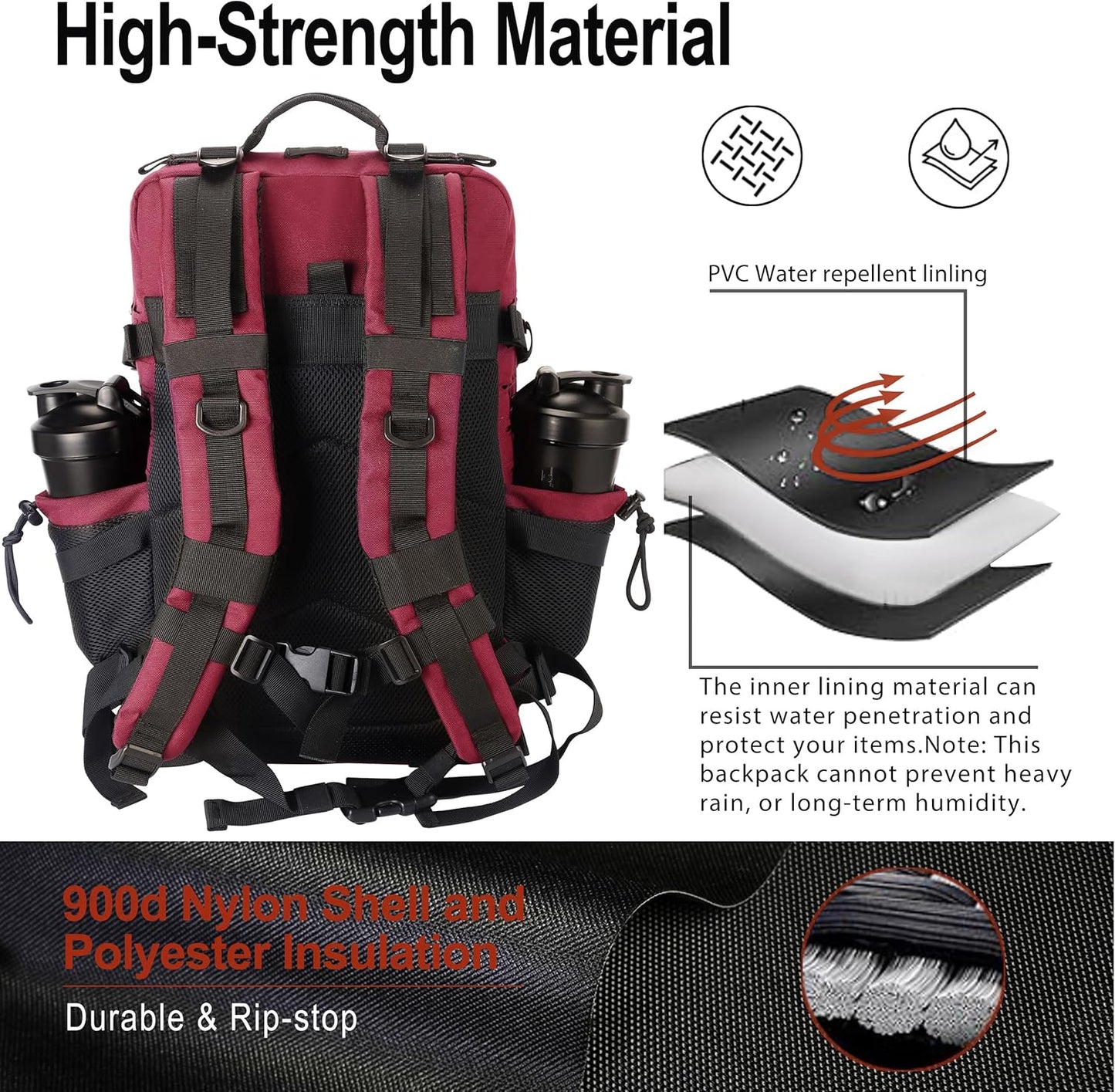 45L Tactical Backpack Molle Bag - Water-Resistant Heavy-Duty Nylon Large - Maroon Red