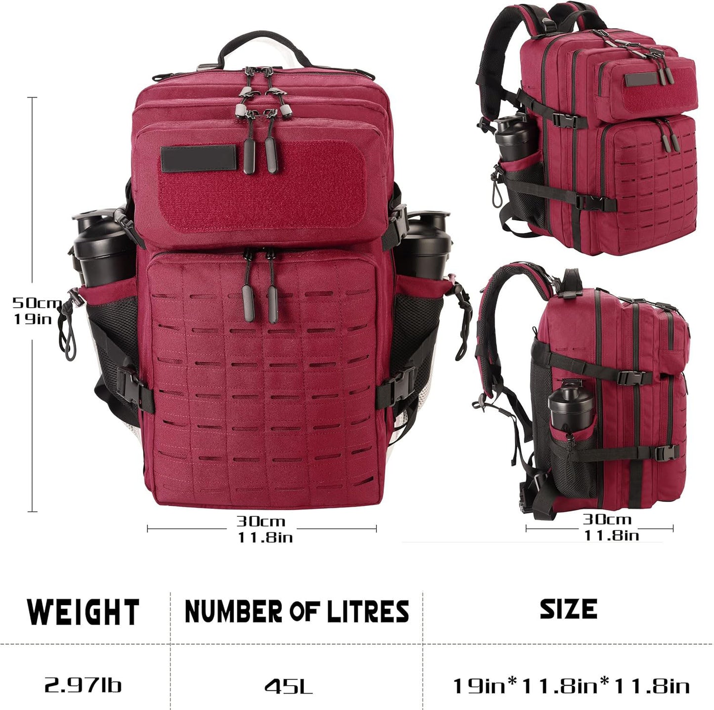 45L Tactical Backpack Molle Bag - Water-Resistant Heavy-Duty Nylon Large - Maroon Red