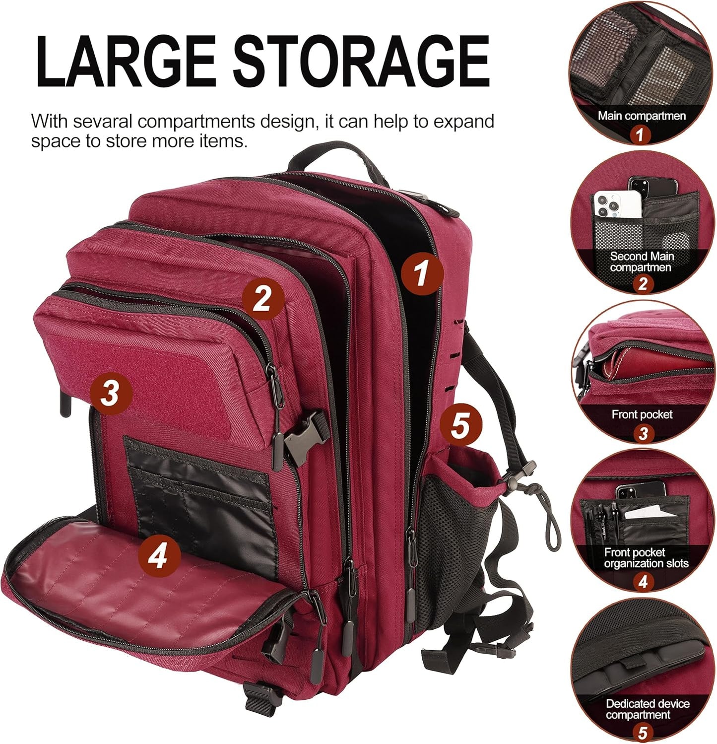45L Tactical Backpack Molle Bag - Water-Resistant Heavy-Duty Nylon Large - Maroon Red